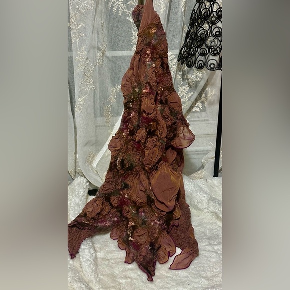 Hand Crafted Accessories - handmade, textured mauve and brown felted scarf/wrap with ruched fabric details